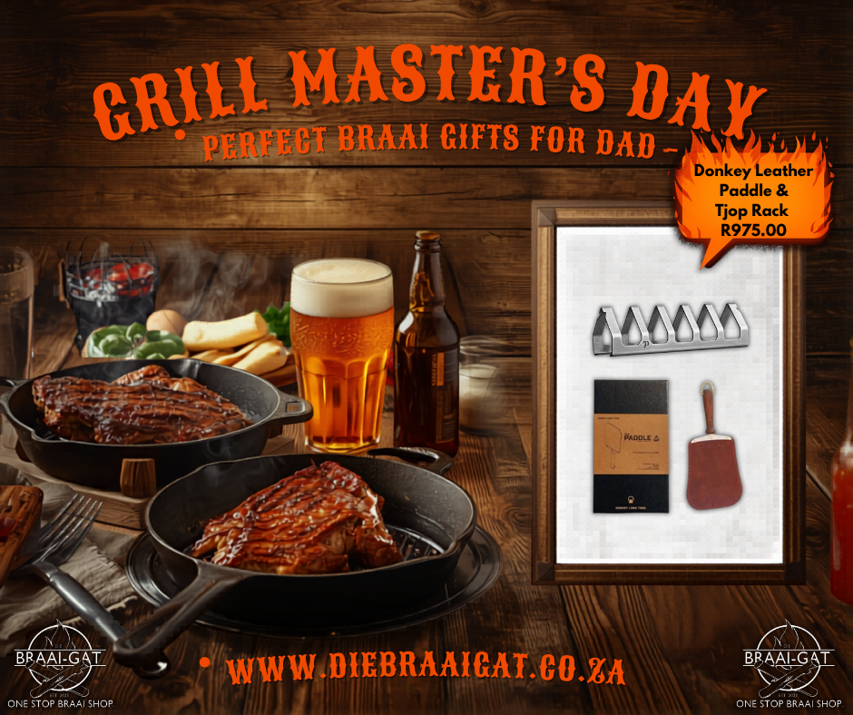 Donkey Long Tongs Leather Paddle & Tjop Rack – Premium Father’s Day Braai Combo