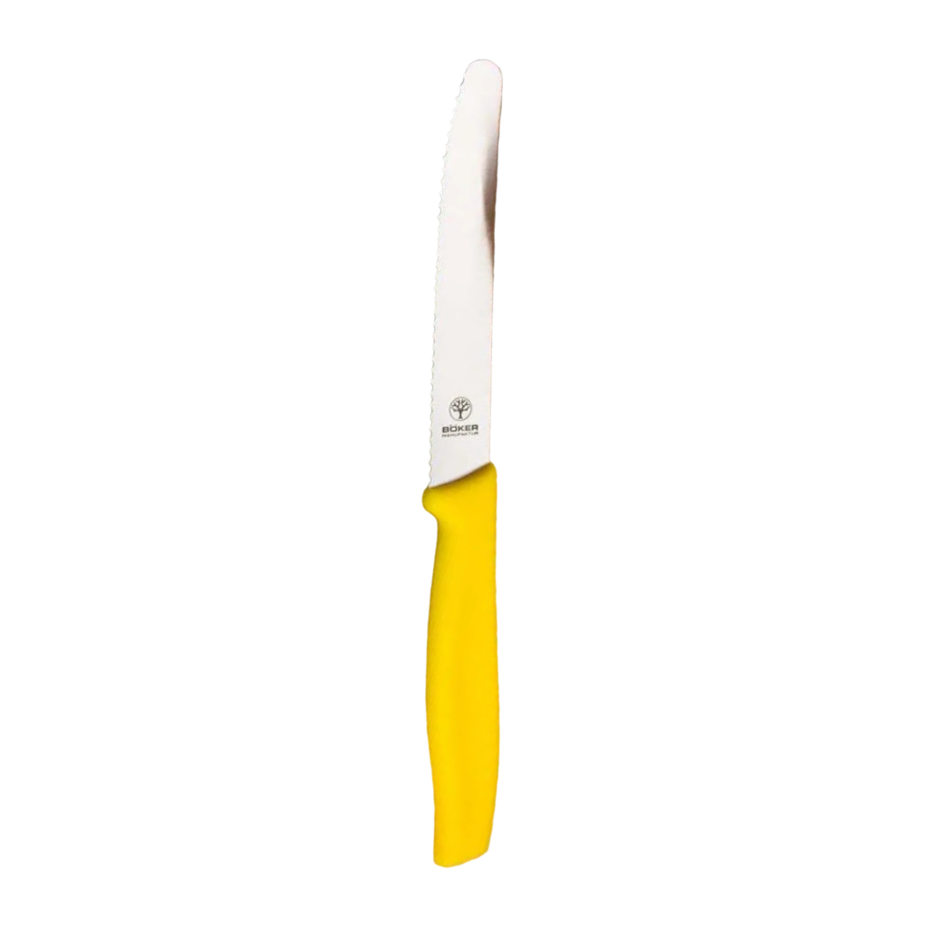 Knife with a yellow handle on a white background