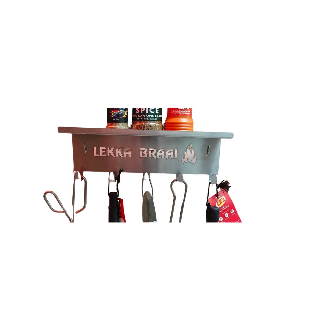 Stainless Steel 5-Hook Braai Utility Rack with Spice & Marinade Shelf