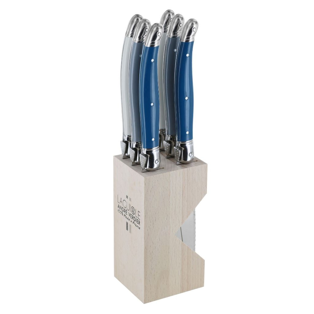 Andre Verdier Laguiole Steak Knife Set 6pc with Wooden Stand - Azure